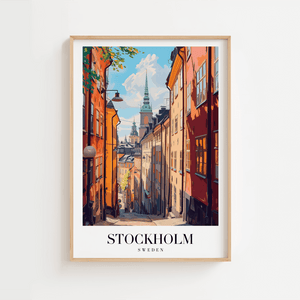 Stockholm Sverige byplakat med farverige huse og gader i Gamla Stan.
