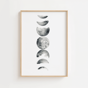 Månefaser plakat i sort-hvidt minimalistisk design med illustration af månens forskellige faser