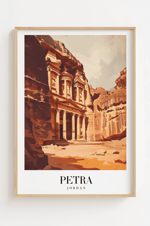 Petra Jordan byplakat med klippetempel – rejseplakat med oldtidsstemning.