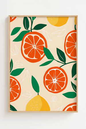 Citrus Fruits plakat med appelsiner, citroner og grønne blade i farverigt grafisk design – moderne køkkenplakat.