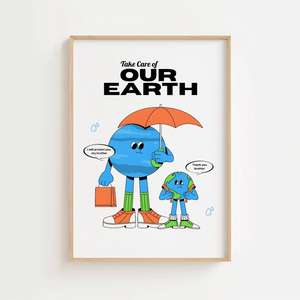 Tegnet plakat med jorden og lille jordklode under paraply – med teksten “Take Care of Our Earth” og et sødt miljøbudskab.