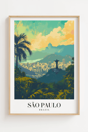 São Paulo Brazil byplakat med skyline og tropisk natur – farverig rejseplakat.