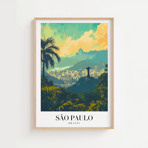 São Paulo Brazil byplakat med skyline og tropisk natur – farverig rejseplakat.