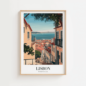 Lisbon byplakat med farverige huse, røde tage og udsigt over Tejo-floden.