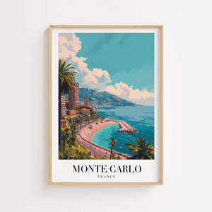 Monte Carlo byplakat med kystudsigt, palmer og middelhavsstemning.