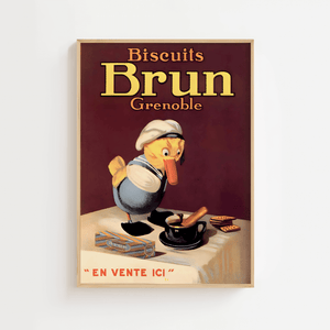 Vintage plakat med fransk kok, kaffe og kiks fra Biscuits Brun – retroreklame med teksten "En vente ici".