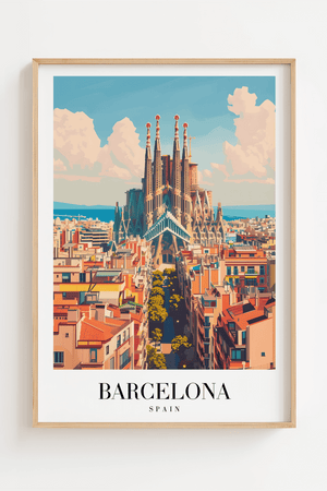 Barcelona Spanien byplakat med ikoniske Sagrada Família og farverig byudsigt.