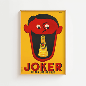 Vintage reklameplakat med Joker juiceflaske i en åben mund – i stærke røde og gule farver, fransk retrodesign.

