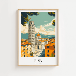 Pisa Italien byplakat med det skæve tårn – farverig rejseplakat fra Toscana.