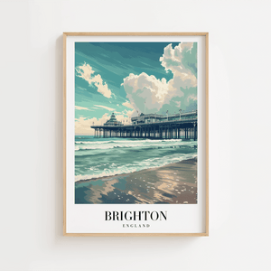 Brighton byplakat med Brighton Pier og havets bølger i blå nuancer.