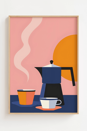 Plakat med moka-kande, kaffekopper og solrig baggrund i moderne farver – perfekt køkkenplakat.