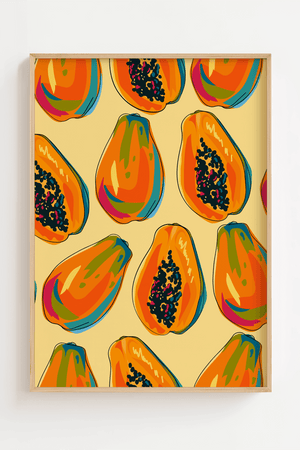 Tropical Papaya plakat med farverige papayafrugter på gul baggrund – tropisk og moderne frugt plakat.