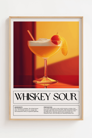 Retro plakat med opskrift på den klassiske Whiskey Sour. En stilfuld og dekorativ tilføjelse til dit køkken, hjemmebar eller cocktailhjørne.

