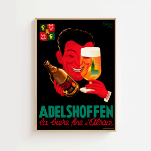 Vintage Adelshoffen plakat med rød mand, ølflaske og ølglas fra Alsace – fransk reklame i retrostil.