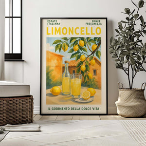 Retro plakat med Limoncello, citroner og italiensk baggrund – vintage stil med sommerlig stemning og tekst “Il Godimento della Dolce Vita”.