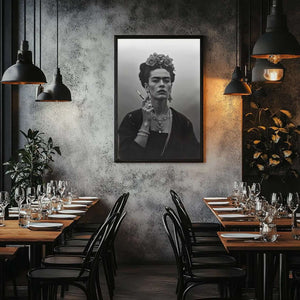 Smoking Icon – Frida Kahlo Plakat i sort-hvid med ikonisk portræt af Frida Kahlo med cigaret. Kunstplakat med stærk attitude til boligindretning