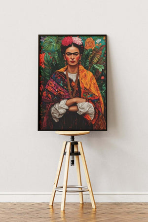 Orange Sjal Junglebaggrund – Frida Kahlo Plakat
