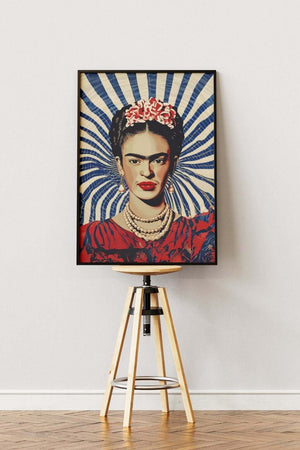 Frida Kahlo plakat med blå og hvide stråler i baggrunden