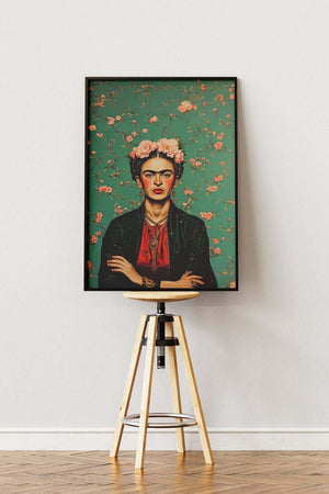 Grøn Blomsterbaggrund – Frida Kahlo Plakat