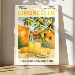 Retro plakat med Limoncello, citroner og italiensk baggrund – vintage stil med sommerlig stemning og tekst “Il Godimento della Dolce Vita”.