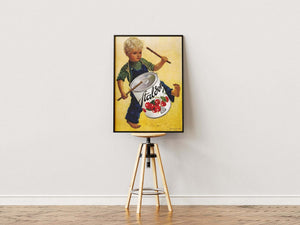 Farverig vintage plakat med barn og Fälchen dåse som tromme. Perfekt retro vægkunst til køkken eller stue. Leveres i flere størrelser.
