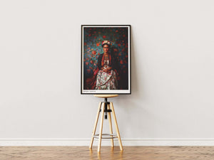 Frida Kahlo plakat med blomstrende rosenbaggrund og farverigt design