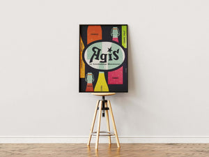 Vintage Agis plakat med sodavandsflasker og farverige smagsvarianter – retro reklame med bobler og Schenkenberger mineralvand