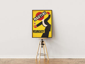 Vintage reklameplakat med Martini Vermouth i gul og sort retro stil