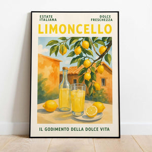 Retro plakat med Limoncello, citroner og italiensk baggrund – vintage stil med sommerlig stemning og tekst “Il Godimento della Dolce Vita”.