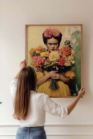 Gul Kjole & Store Blomster – Frida Kahlo Plakat