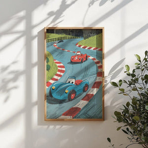 Racerbil børneplakat med farverigt design og et spændende racerløb, ideel til væggen i børneværelset. Perfekt for børn, der elsker biler og fart.