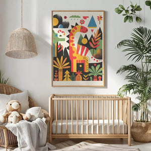 Dinosaur børneplakat med farverige illustrationer af dinosaurer som T-Rex og Triceratops. Perfekt til at skabe en sjov og eventyrlig stemning i børneværelset