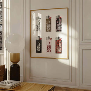 Luxury Flames – Fashion Plakat med kunstneriske Saint Laurent-inspirerede lightere. Moderne modeplakat til stuen eller soveværelset