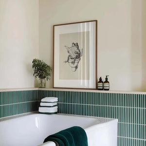 Humor plakat til badeværelset med illustration af en frø, der sidder på toilettet og læser avis i sort-hvid stil.