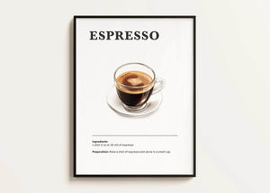 Espresso plakat med klar kop kaffe samt ingrediens- og opskriftstekst i minimalistisk design.