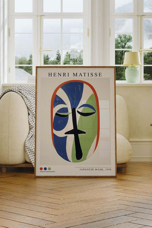 Plakat med farverigt stiliseret ansigt inspireret af Henri Matisse i blå og grønne former