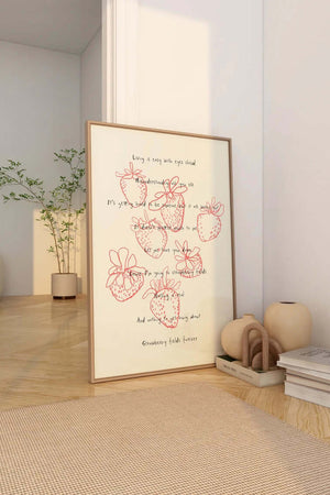 Plakat med håndtegnede røde jordbær og poetisk tekst på lys baggrund i roligt kunstnerisk udtryk