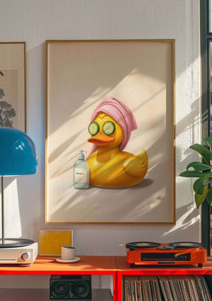 Illustreret plakat af en badeand i spa med pink håndklæde og agurkeskiver på øjnene – humoristisk vægkunst til badeværelset