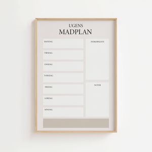 Ugens madplan plakat i beige design med indkøbsliste og noter til køkkenet