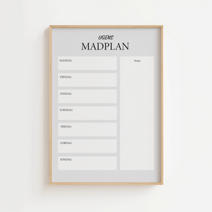 Ugens madplan plakat med indkøbsliste og noter i minimalistisk design