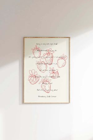 Plakat med håndtegnede røde jordbær og poetisk tekst på lys baggrund i roligt kunstnerisk udtryk