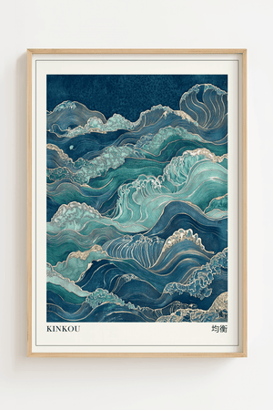 Japansk bølger plakat med blå og turkise havbølger inspireret af japansk kunst.