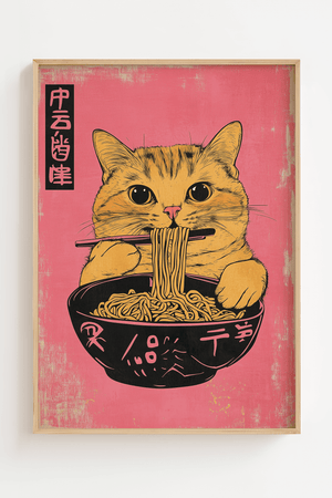 Japansk plakat med kat der spiser ramen nudler i farverig japansk illustration.