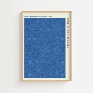 Japansk blå mønster plakat inspireret af Aizome indigo kunst.