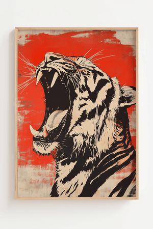 Japansk tiger plakat med brølende tiger og rød baggrund i asiatisk kunststil.