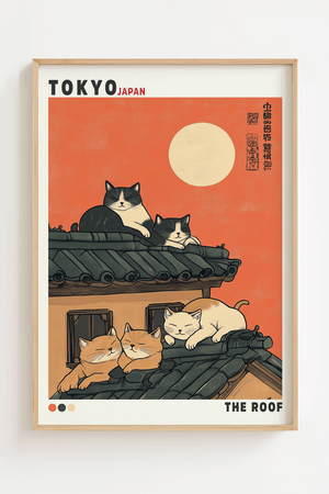 Japansk katte plakat med flere katte på et tag i Tokyo ved solnedgang.
