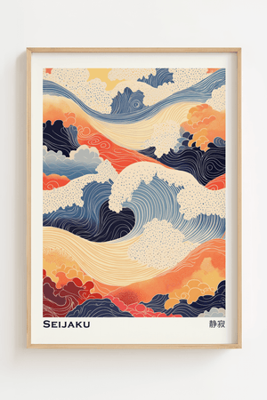 Japansk bølge plakat med farverige bølger i stil inspireret af klassisk japansk kunst.