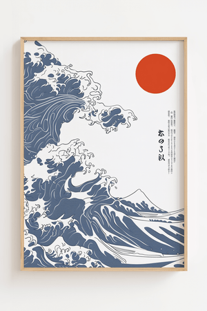 Japansk bølge plakat med blå bølger og rød sol inspireret af klassisk japansk kunst.