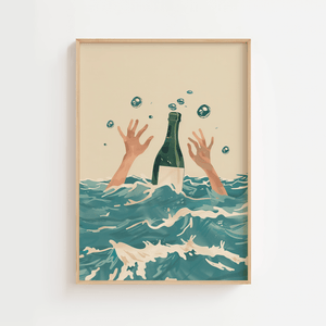 Champagne plakat med champagneflaske i bølger og grafisk illustration