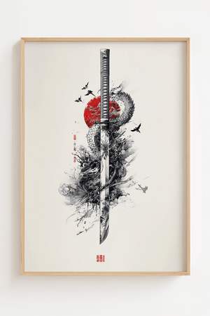 Japansk samurai plakat med katana sværd og rød sol i asiatisk kunststil.